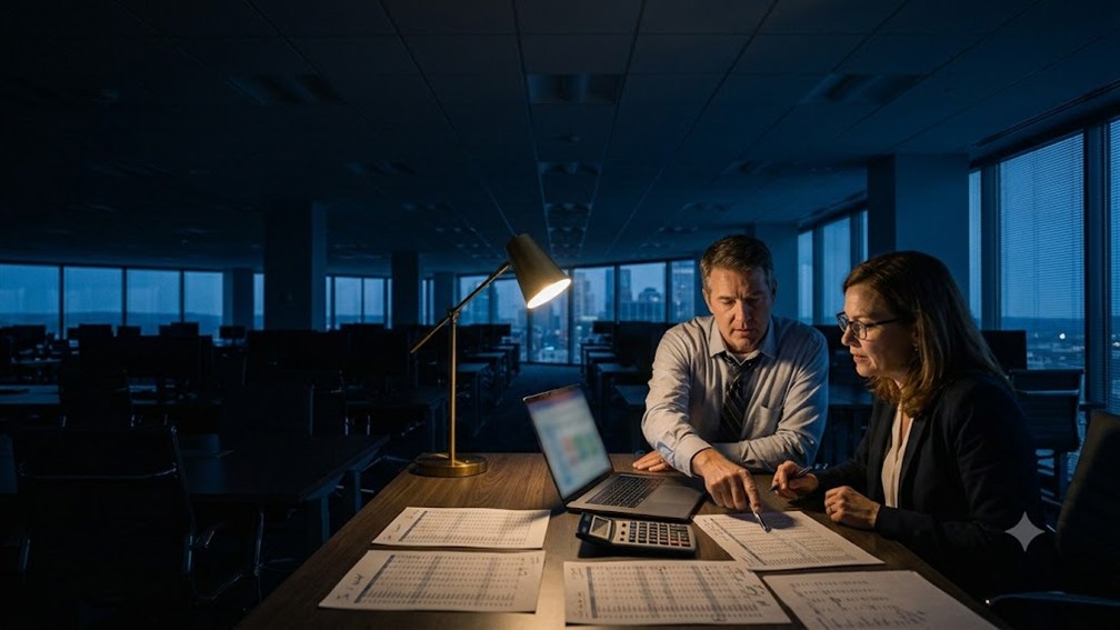 A finance lead and a principal working through printed spreadsheets at a desk