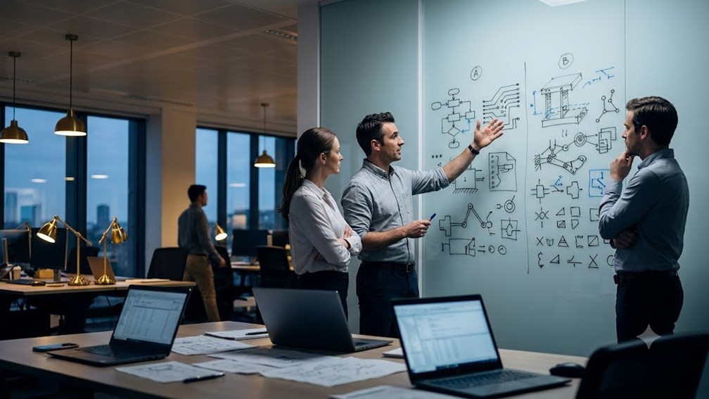 A small team of engineers at a glass whiteboard weighing two columns of sketched options