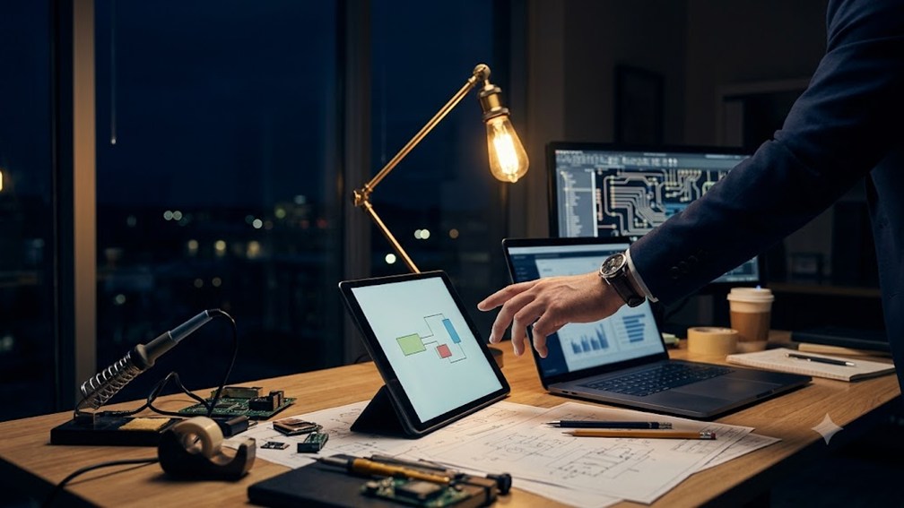 A desk with a laptop, tablet and second monitor at different angles, one hand reaching toward one of them