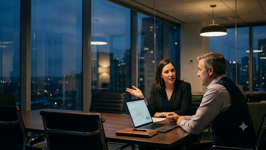 Two professionals in conversation across a conference table in a glass-walled meeting room at dusk