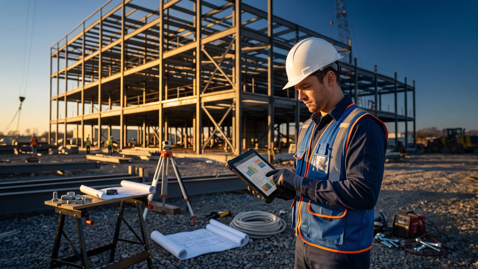 An engineer in a hard hat reviewing a field report on a tablet at a construction site, structural steel rising behind