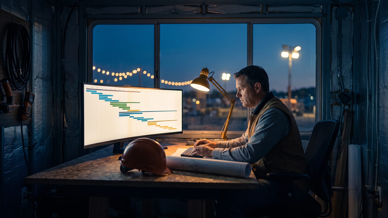 A project scheduler reviewing a long critical path bar chart on a wide monitor in a site trailer at dusk