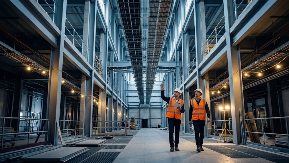 Two engineers in hi-vis vests walking through a vast data centre hall under construction