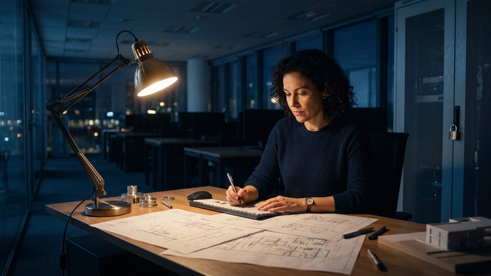 An engineer working late at a workstation, a project drawing set open beside the keyboard and a locked server cabinet visible in the background