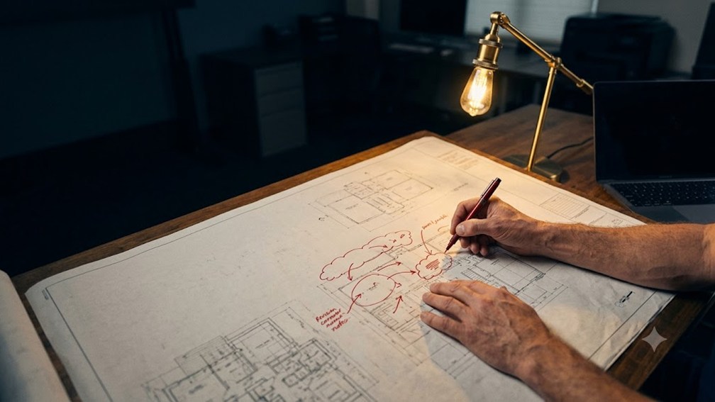 Hands marking revision clouds on a large construction drawing sheet with a red pen