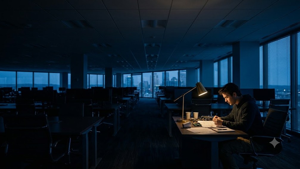A young engineer working alone under a single task lamp in a darkened open-plan office