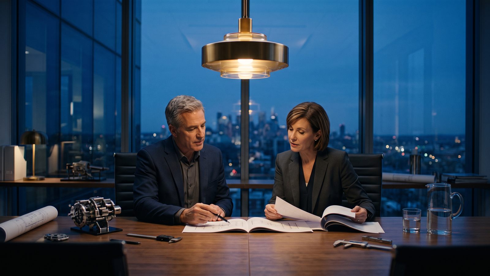 Two firm principals reviewing a fee proposal and financial summary across a conference table in a warmly lit office
