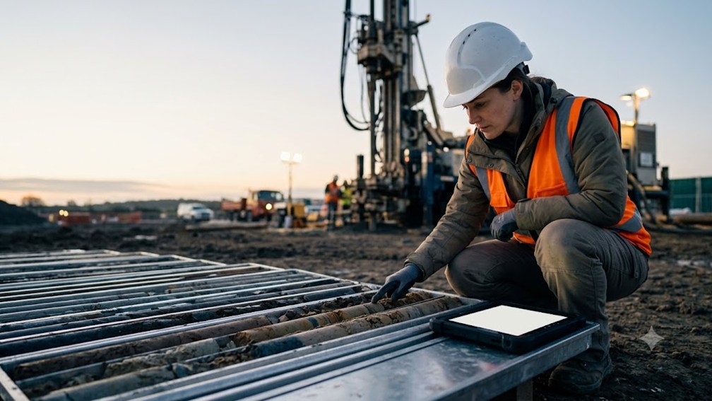 A field engineer examining soil core sample trays at a site with a drill rig behind