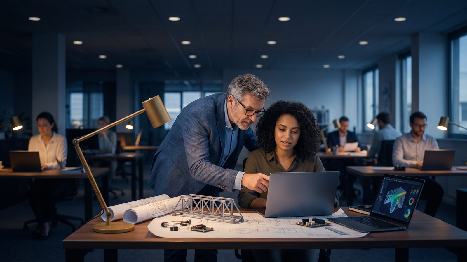 A senior engineer and a colleague talking over a laptop in an open studio, other team members working at desks behind them