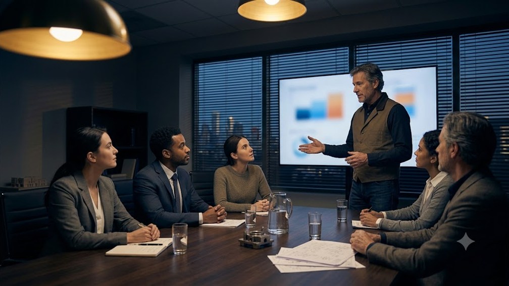 A partner group seated around a conference table watching a colleague present