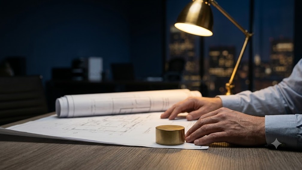A professional engineer's hands resting over a rolled set of construction drawings beside an embossing seal