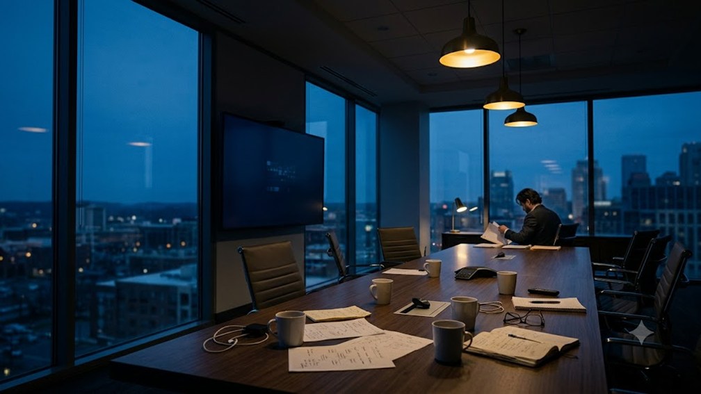 An empty meeting room after a session, chairs pushed back and one person gathering papers
