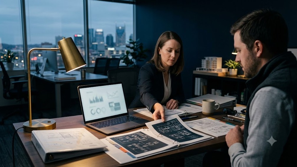 Two colleagues assembling a proposal at a desk, printed sections fanned across the surface