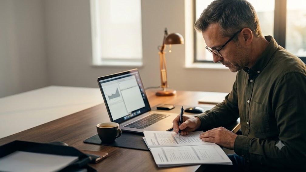 An engineer working through a printed assessment checklist beside a laptop in late afternoon light