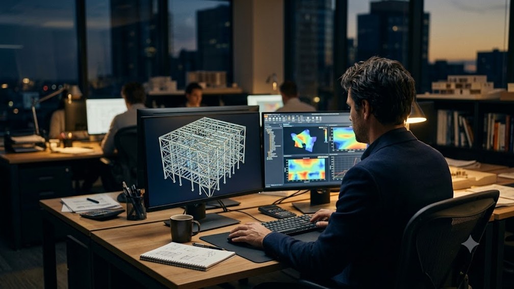 An engineer at a dual-monitor workstation reviewing a three-dimensional building framing model beside an analysis panel