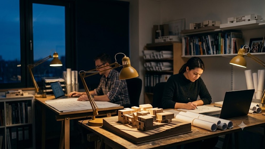 Architects working at adjacent desks in a compact studio, a physical massing model lit in the foreground