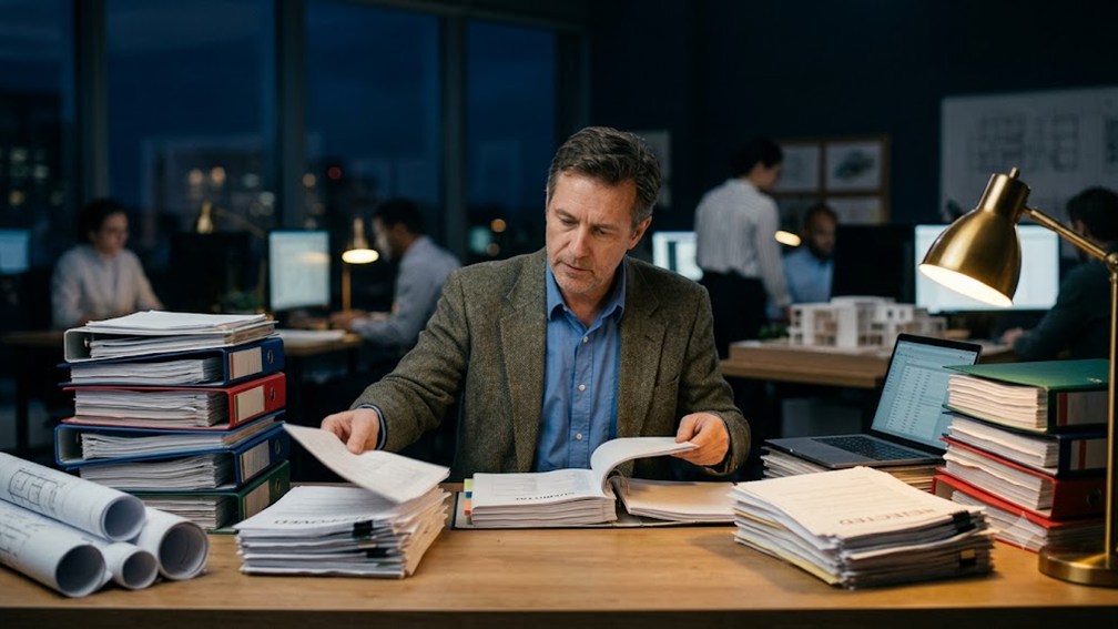 A project engineer working through tall stacks of submittal binders and shop drawings beside a laptop