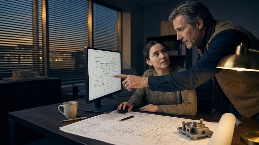 A senior engineer pointing at a detail on a shared monitor while a younger colleague looks on