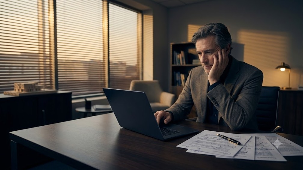 A firm leader drafting a policy document at a laptop with pen-annotated pages alongside