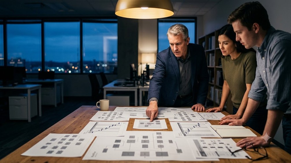A firm principal and two colleagues over a table spread with printed workflow charts, one pointing at a single sheet